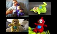 all 4 Happy Tumble Teletubbies laughing and kicking their legs at the same time