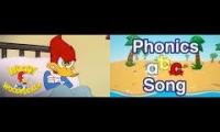 woody woodpecker falls down the stairs on a wheelchair to the phonics song