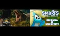 Thumbnail of The trailers for Jurassic World: Rebirth and Smurfs playing at the same time