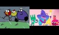 Peep chirp quack screaming and um hrum gelatin screaming.